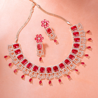 Estele Rose Gold Plated CZ Sparkling Dulhan Necklace Set with Tourmaline Pink Stones for Women