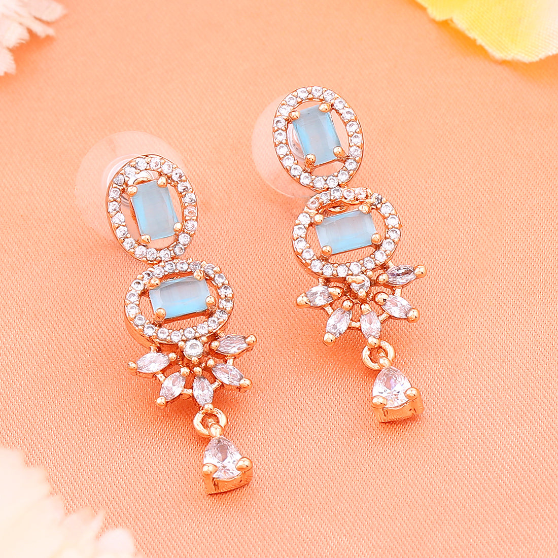 Estele Rose Gold Plated CZ Adorable Earrings With Mint Blue Crystals For Women