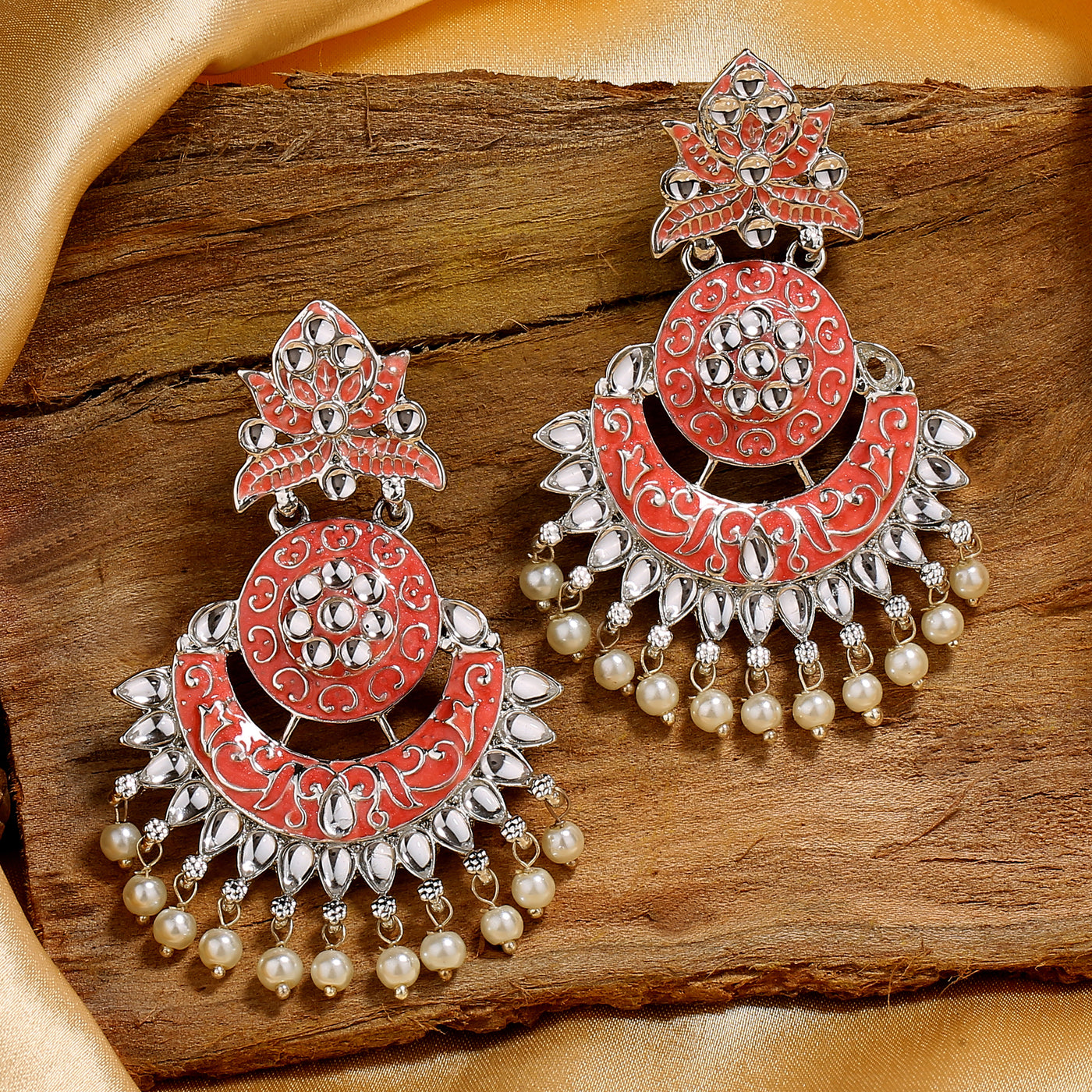 Estele Rhodium Plated Traditional Pink Meenakari Drop Earrings with Pearl for Women