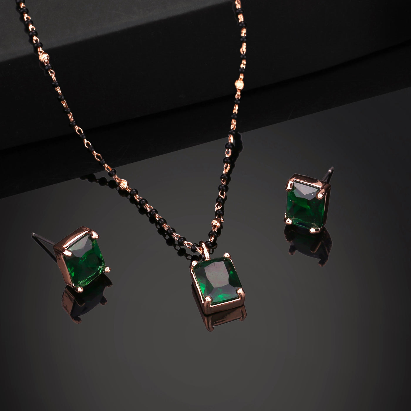 Estele Rose Gold Plated CZ Square Designer Mangalsutra Necklace Set with Emerald for Women