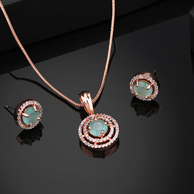 Estele Rose Gold Plated CZ Circular Designer Pendant Set with Mint Green Stones for Women