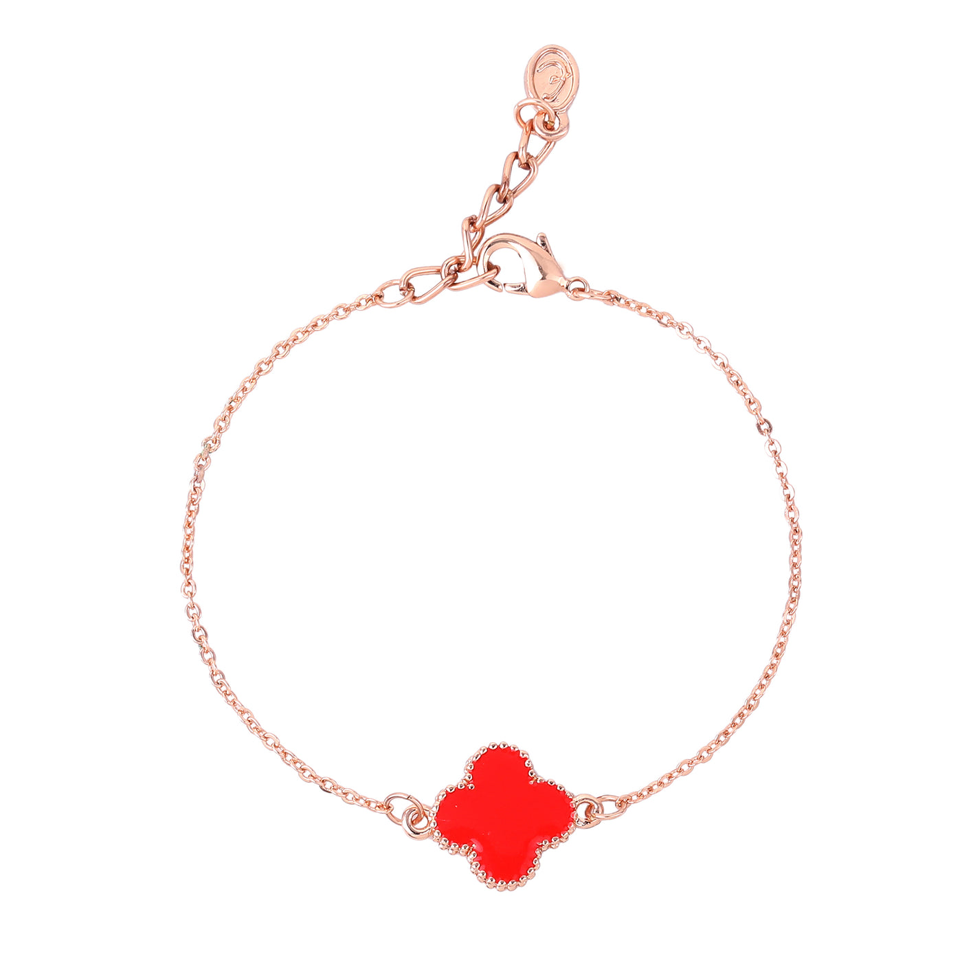 Estele Rosegold Plated Red Clover Leaf Designer Adjustable Charm Bracelet for Girls and Women