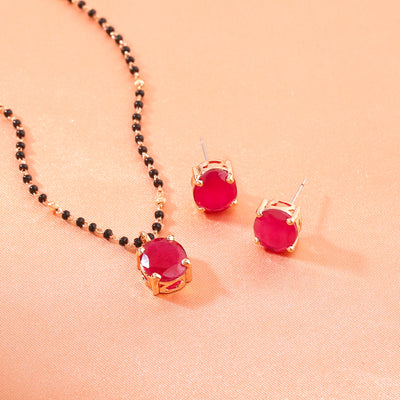 Estele Rose Gold Plated CZ Spherical Maangalsutra Necklace Set with Ruby Stones for Women
