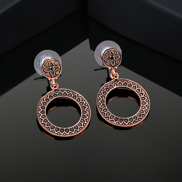 Estele Rose Gold Plated Round Patterned Drop Earrings for Women
