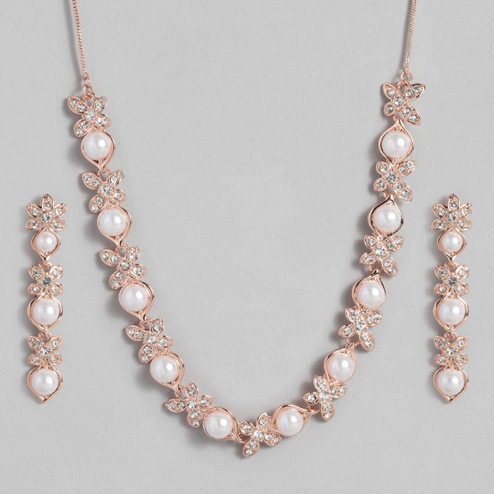 Estele Rose Gold Plated Eye Catching Pearl Necklace Set for Women