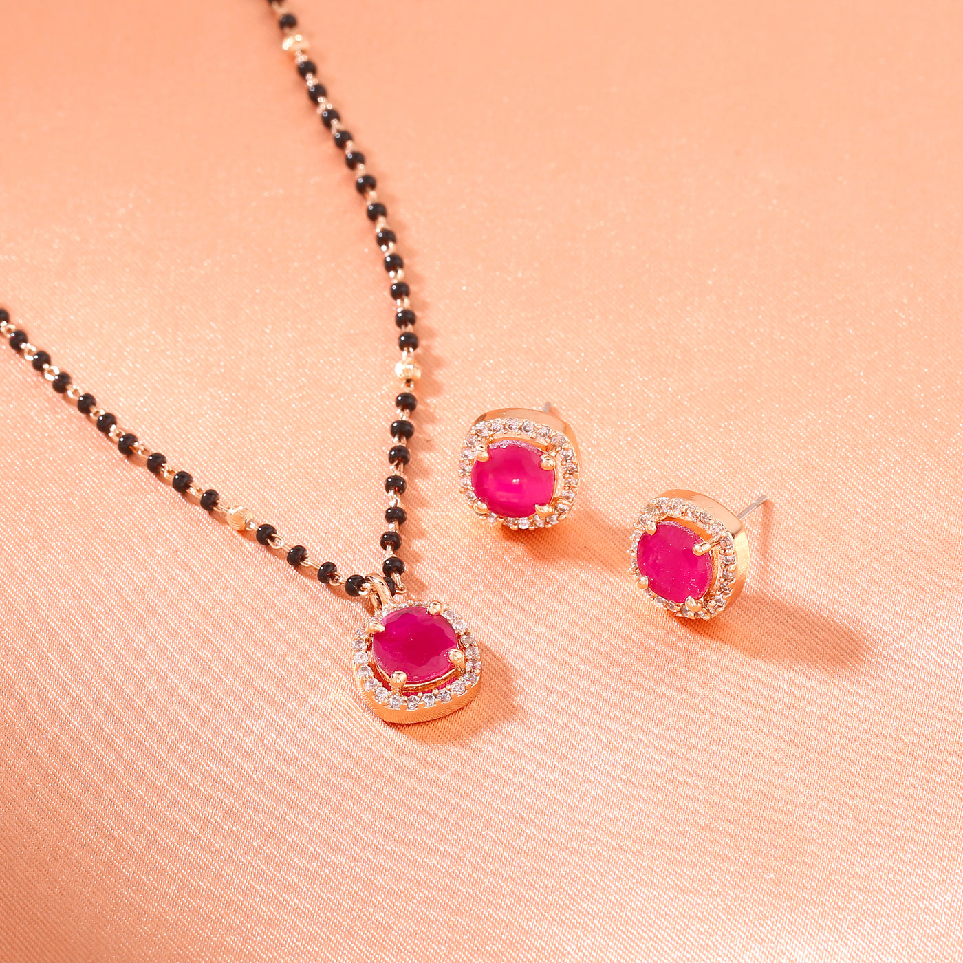 Estele Rose Gold Plated CZ Sparkling Square Designer Mangalsutra Necklace Set with Ruby Stones for Women