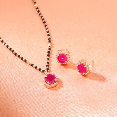 Estele Rose Gold Plated CZ Sparkling Square Designer Mangalsutra Necklace Set with Ruby Stones for Women