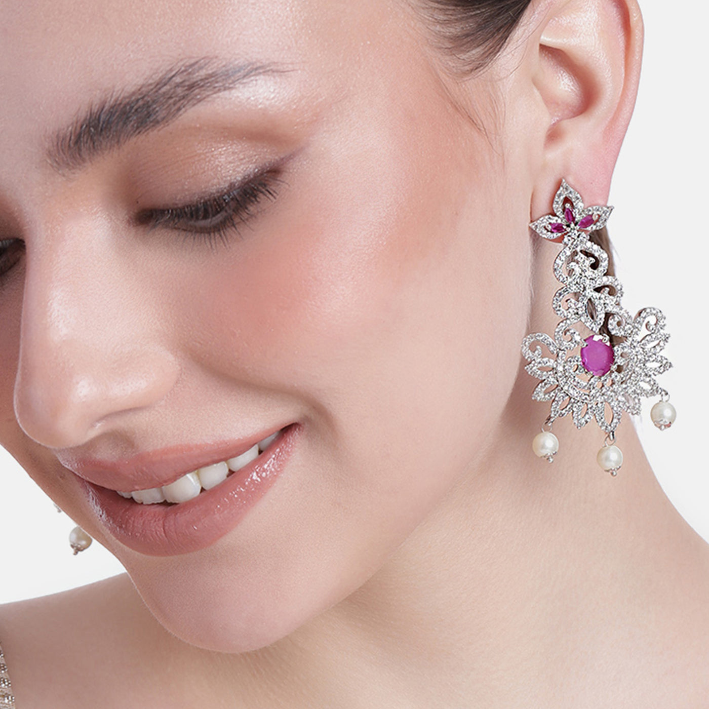 Estele Rhodium Plated CZ Dazzling Diva Chandelier Earrings for Women