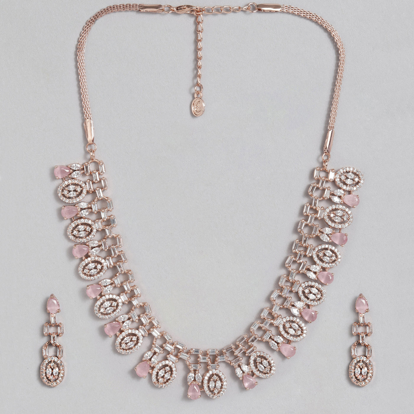 Estele Rose Gold Plated CZ Fascinating Necklace Set with Mint Pink Crystals for Women