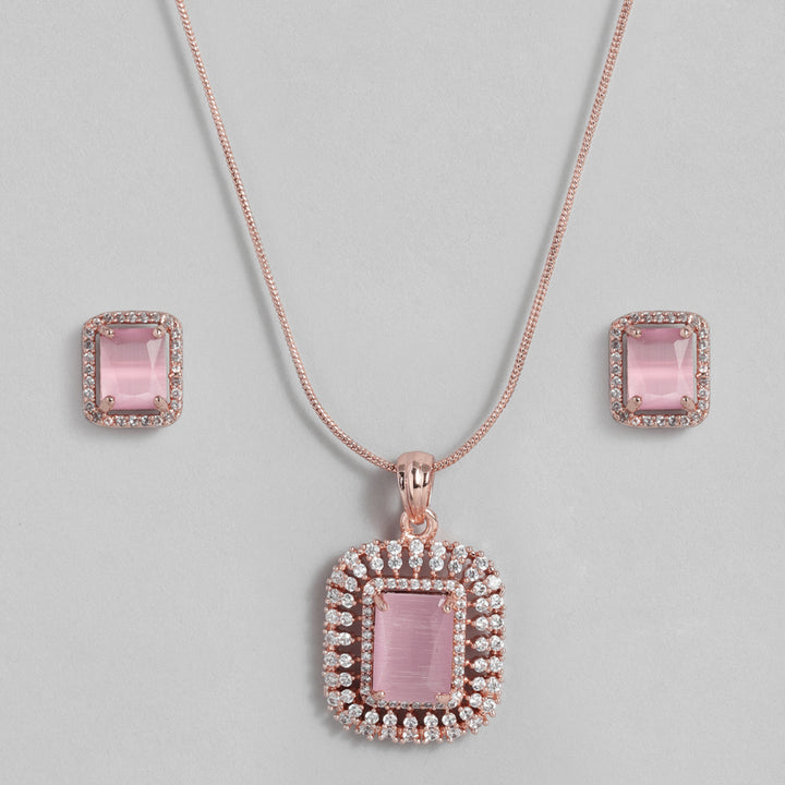 Estele Rose Gold Plated CZ Sparkling Square Designer Pendant Set with Mint Pink Crystals for Women
