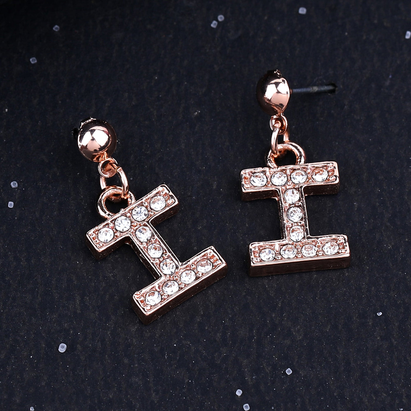 Estele Rose Gold Plated Magnificent Medium 'I' Letter Earrings with Crystals for Women