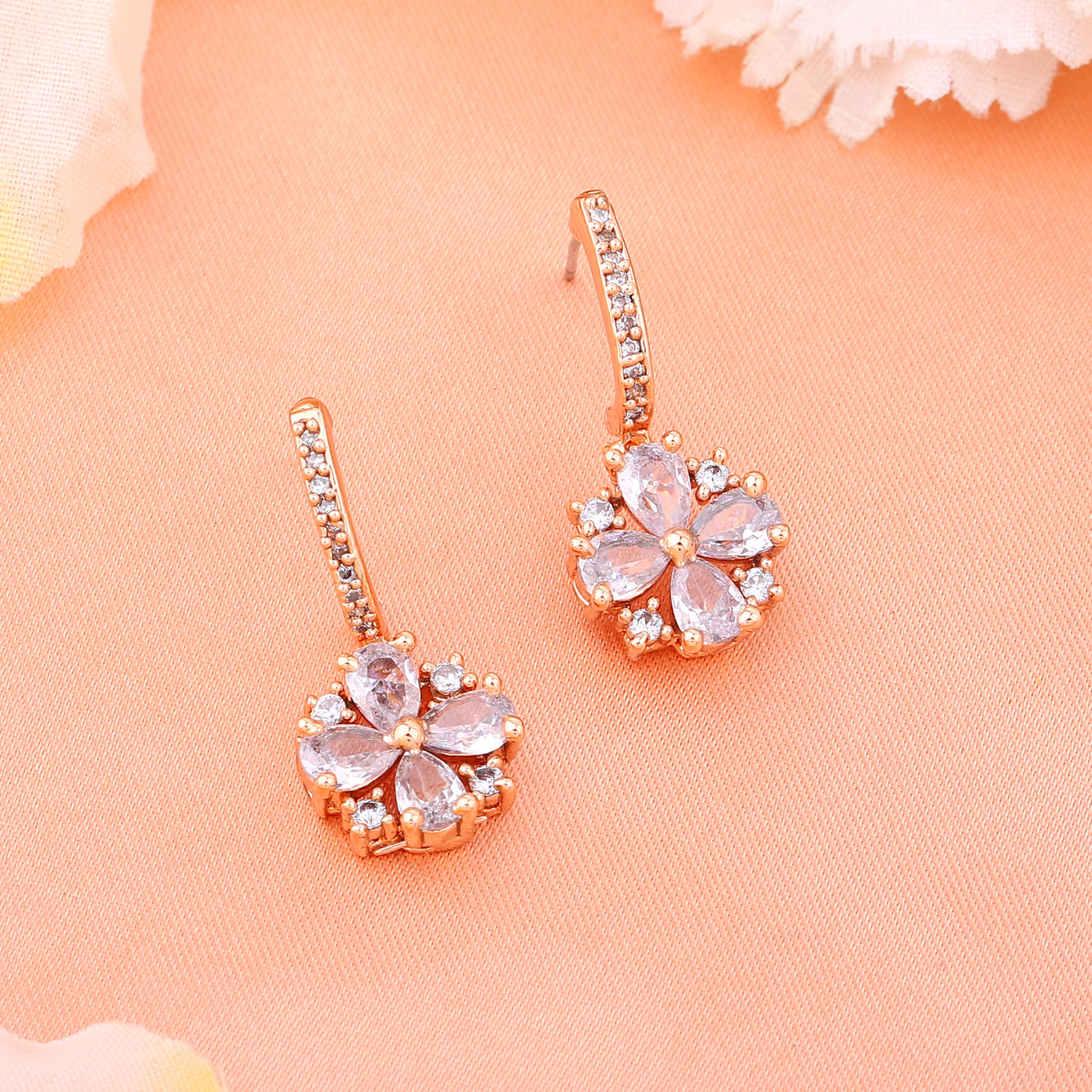 Estele Rose Gold Plated CZ Flower Designer Drop Earrings for Women