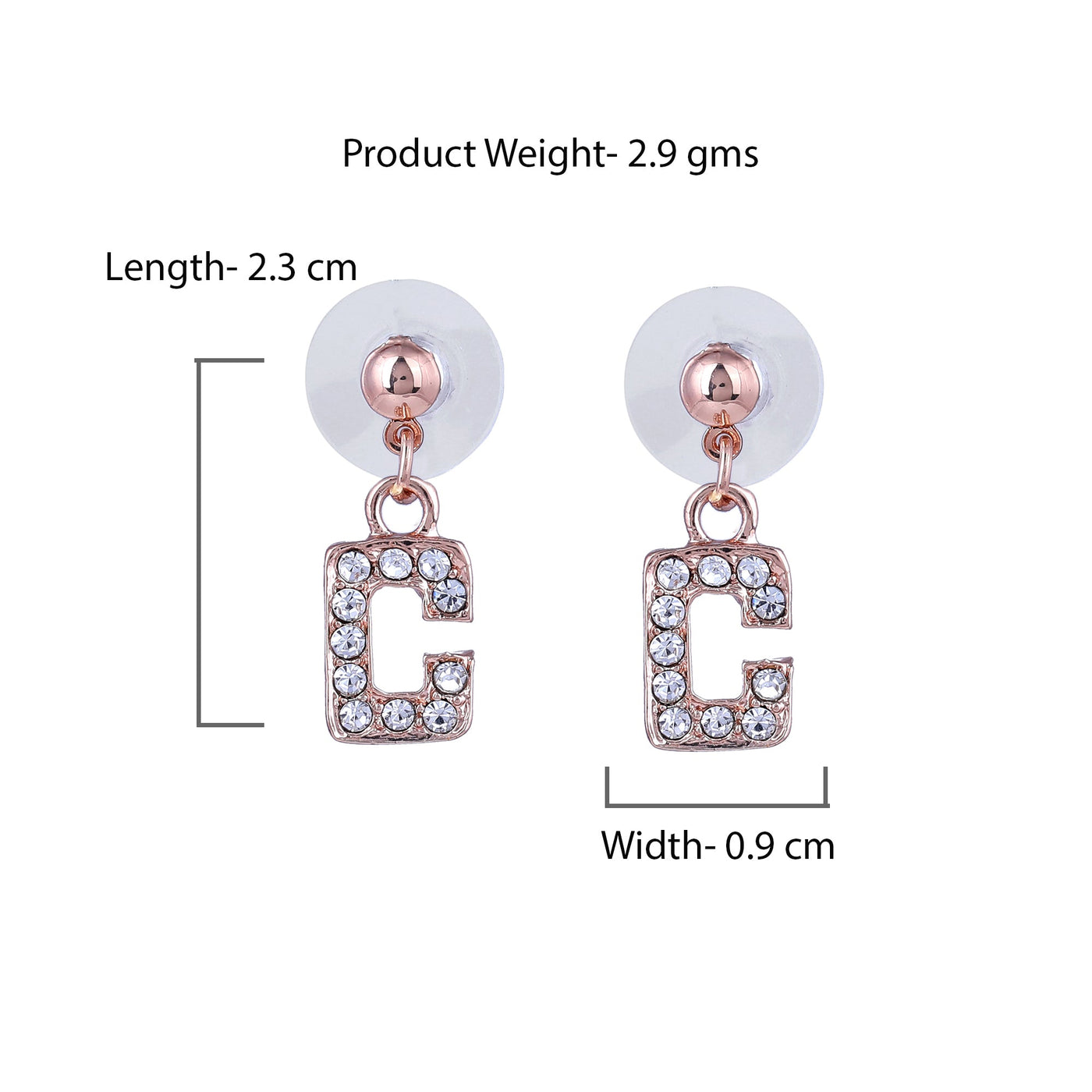 Estele Rose Gold Plated Magnificent Medium 'C' Letter Earrings with Crystals for Women