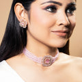 Estele Rose Gold Plated CZ Square Shaped Mint Pink Choker Necklace Set For Women