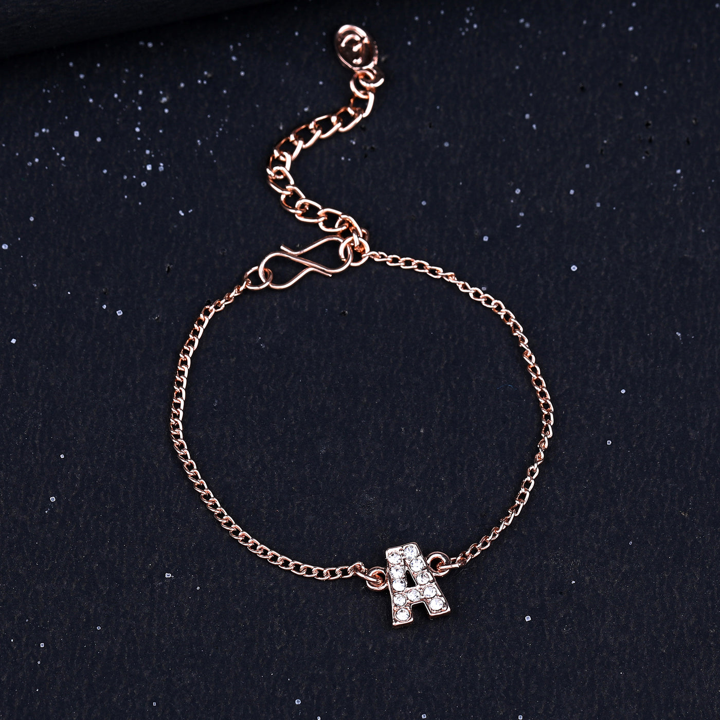 Estele Rose Gold Plated Captivating Medium 'A' Letter Bracelet with Crystals for Women