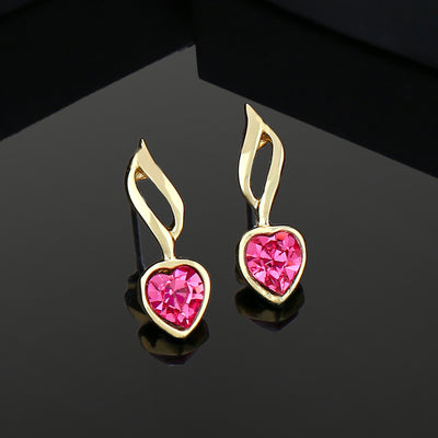 Estele Gold Plated Heart Shaped Earrings with Pink Crystal for Women