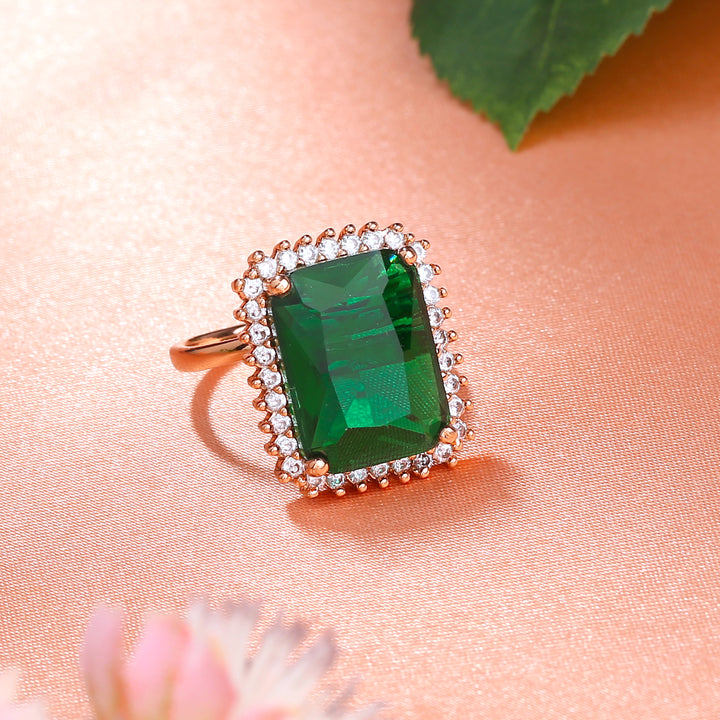 Buy Estele Rose Gold Plated CZ Sparkling Finger Ring with Green