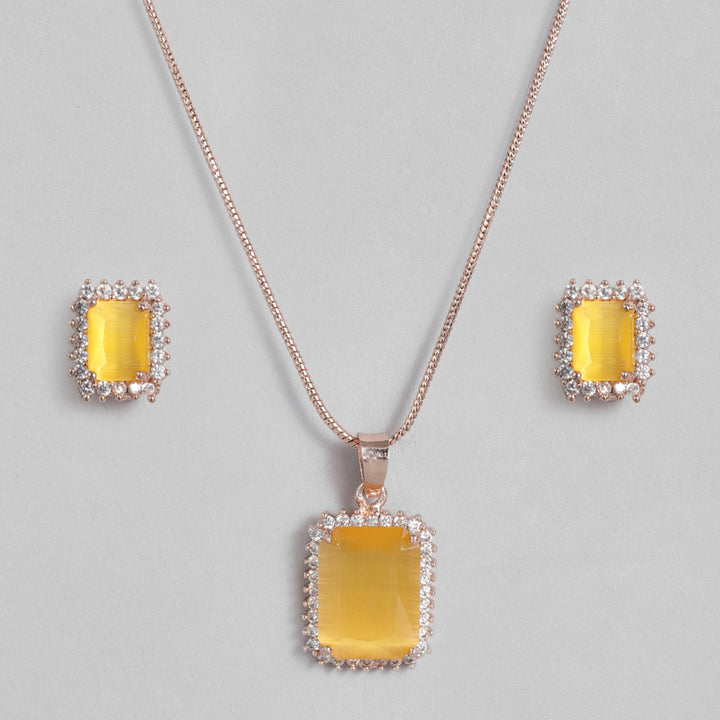 Estele Rose Gold Plated CZ Square Designer Pendant Set with Yellow Stones for Women