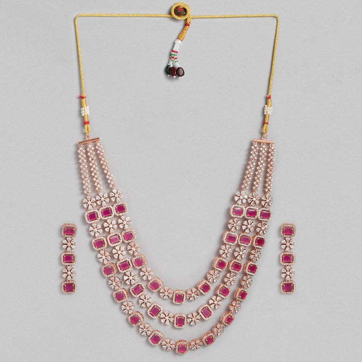 Estele Rose Gold Plated CZ Dazzling Three Layered Dulhan Necklace Set with Ruby Stones for Women