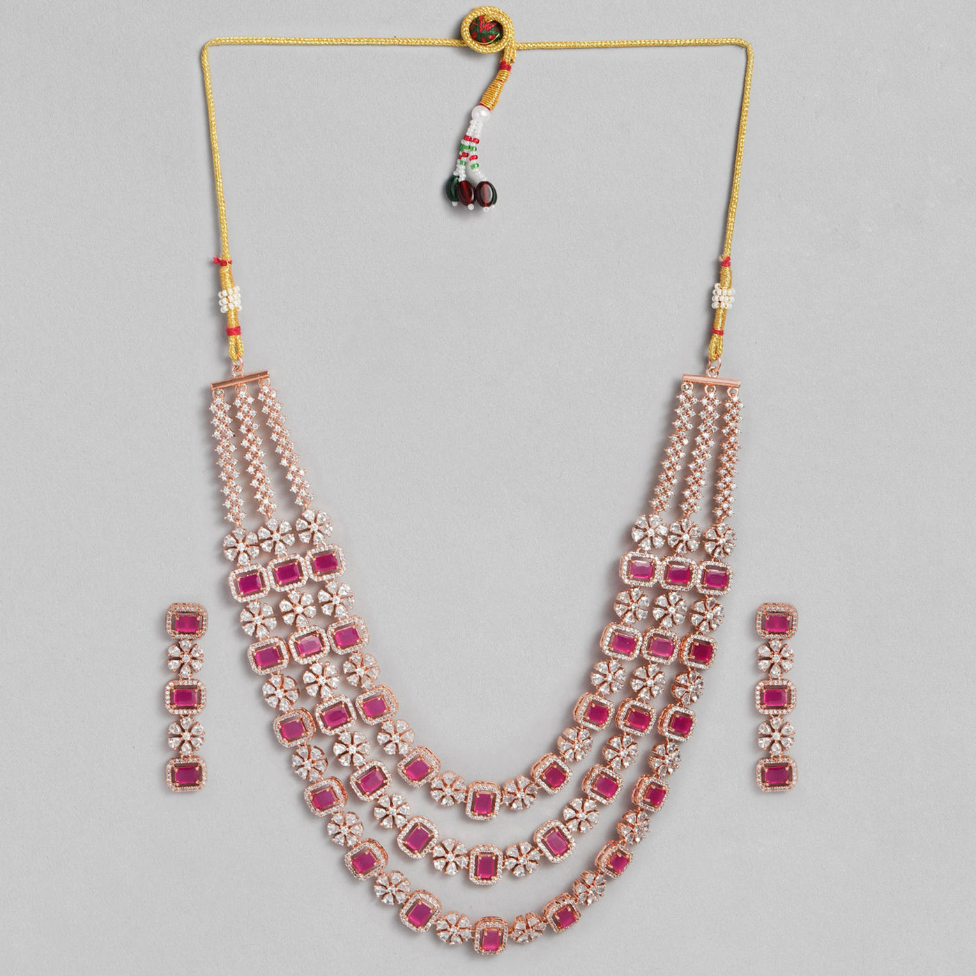 Estele Rose Gold Plated CZ Dazzling Three Layered Dulhan Necklace Set with Ruby Stones for Women