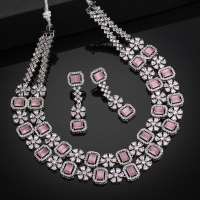 Estele Rhodium Plated CZ Fascinating Double Layered Necklace Set with Mint Pink and White Crystals for Women