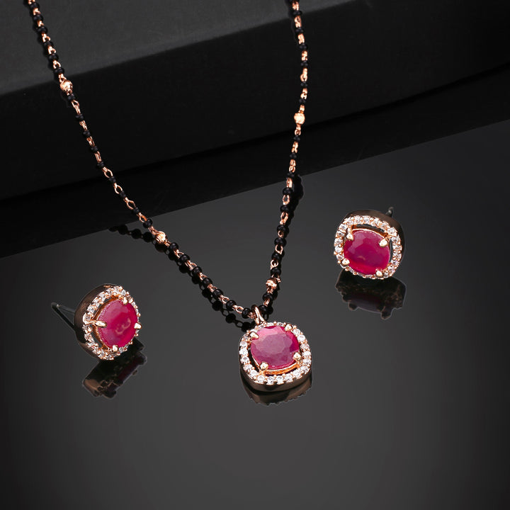 Estele Rose Gold Plated CZ Sparkling Square Designer Mangalsutra Necklace Set with Ruby Stones for Women