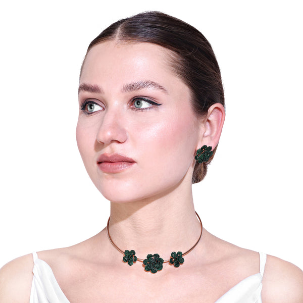Estele Rose Collection Gorgeous Green American Diamond Rose Motif Necklace Set with Luxurious Rosegold Finish A Dazzling Gift of Eternal Love