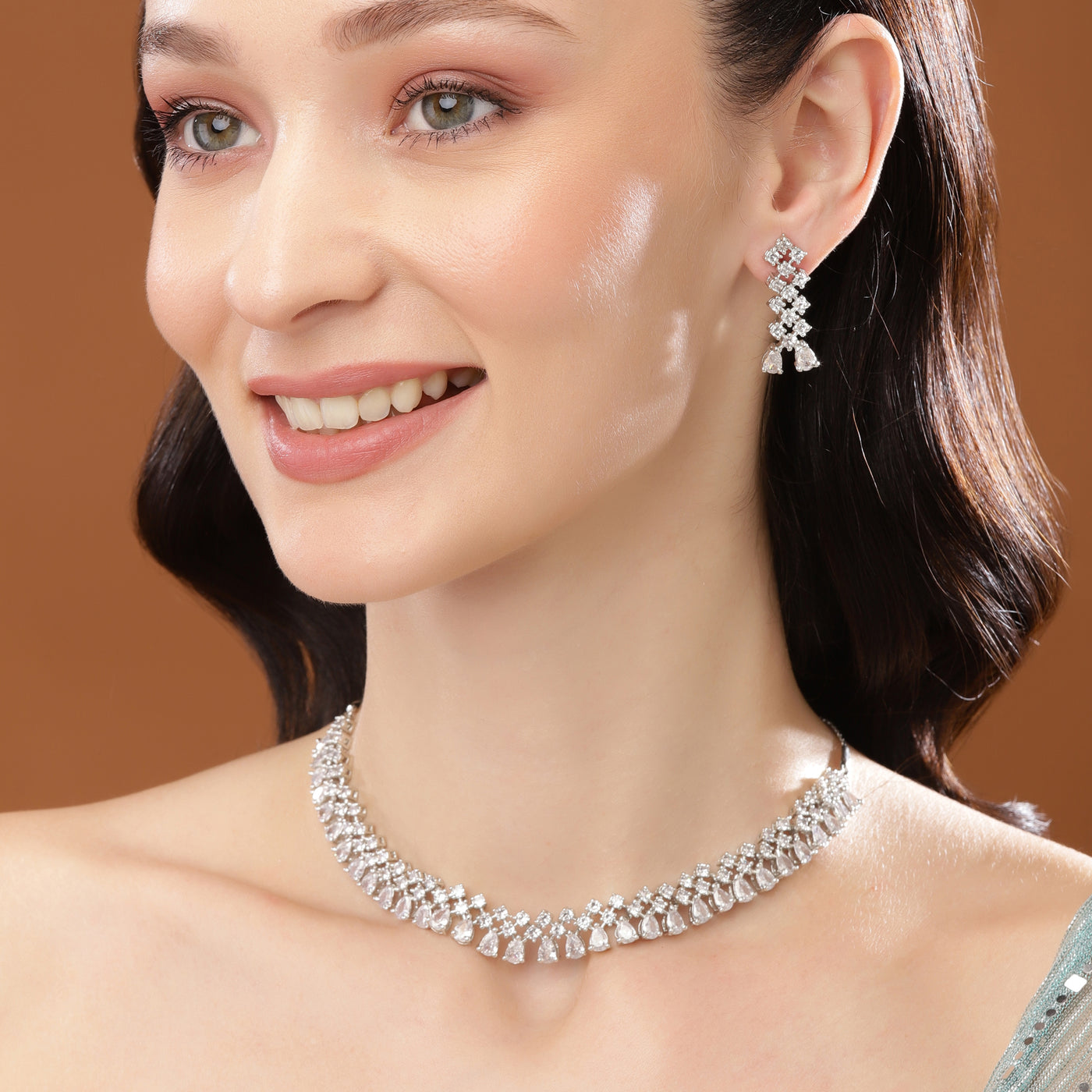 Estele Rhodium Plated CZ Shimmering Necklace Set for Women