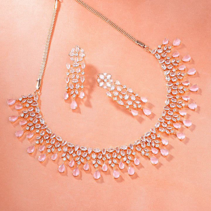 Estele Rose Gold Plated CZ Sparkling Necklace Set with Mint Pink Stones for Women