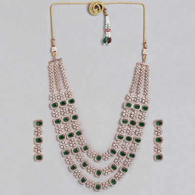 Estele Rose Gold Plated CZ Scintillating Dulhan Necklace Set with Emerald Stones for Women