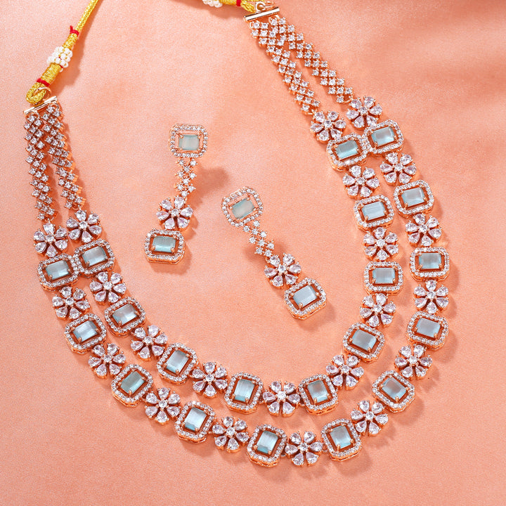 Estele Rose Gold Plated CZ Ravishing Necklace Set with Mint Green Stones for Women