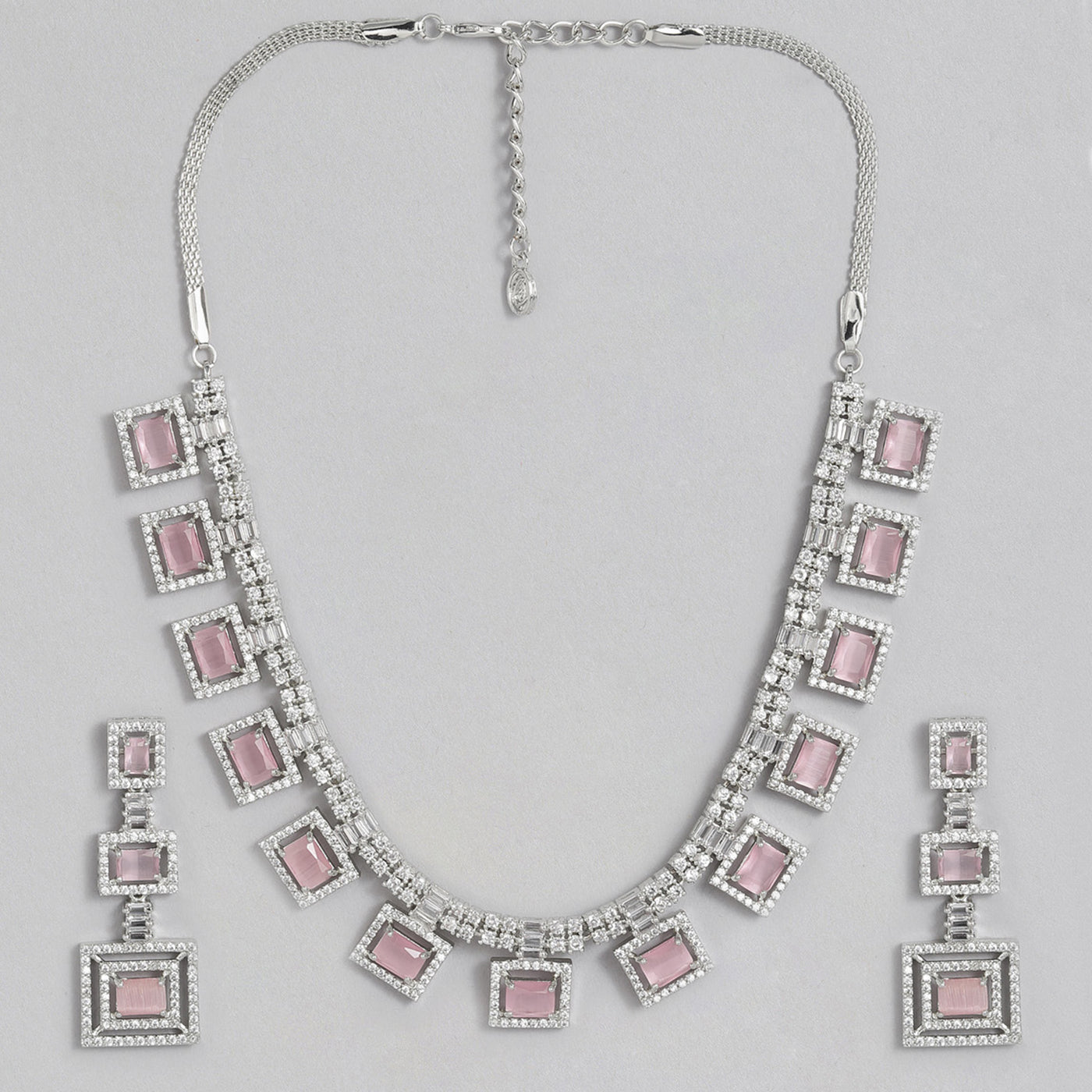 Estele Rhodium Plated CZ Geometric Designer Necklace Set with Mint Pink Crystals for Women