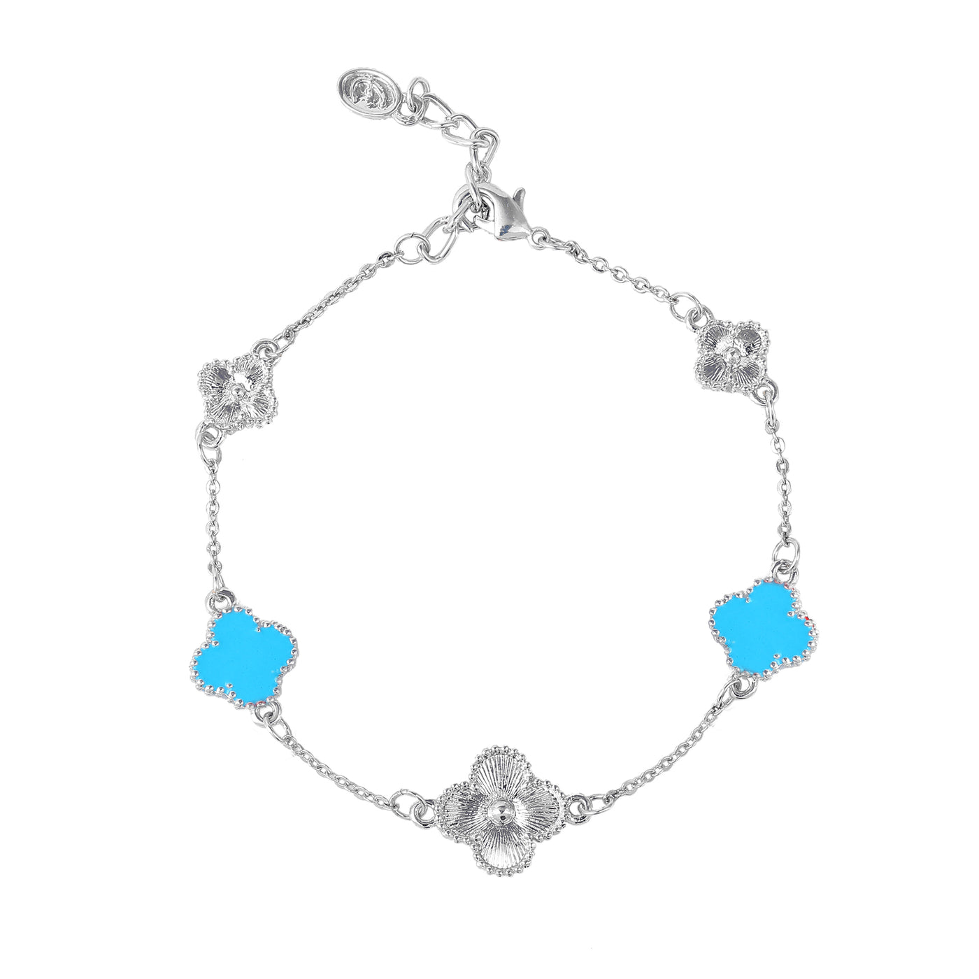 Estele Rhodium Plated Fashionable Blue Clover Leaf Designer Adjustable Charm Bracelet for Girls and Women