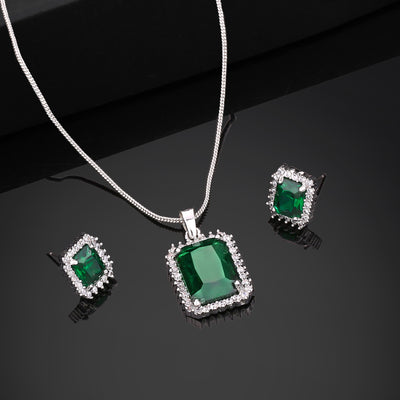 Estele Rhodium Plated CZ Square Designer Pendant Set with Emerald Stone for Women