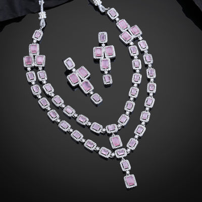 Estele Rhodium Plated CZ Ravishing Two Line Necklace Set with Mint Pink Stones for Women