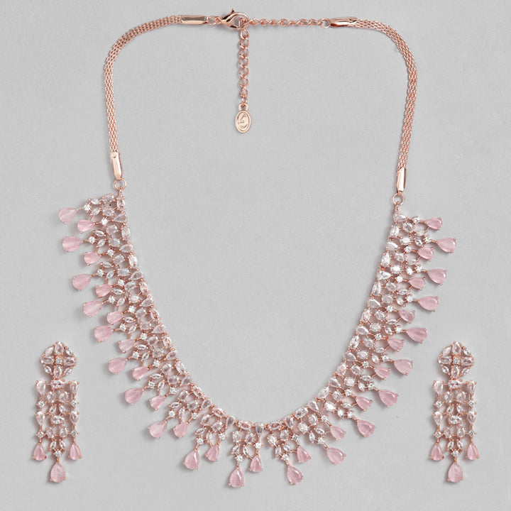 Estele Rose Gold Plated CZ Sparkling Necklace Set with Mint Pink Stones for Women