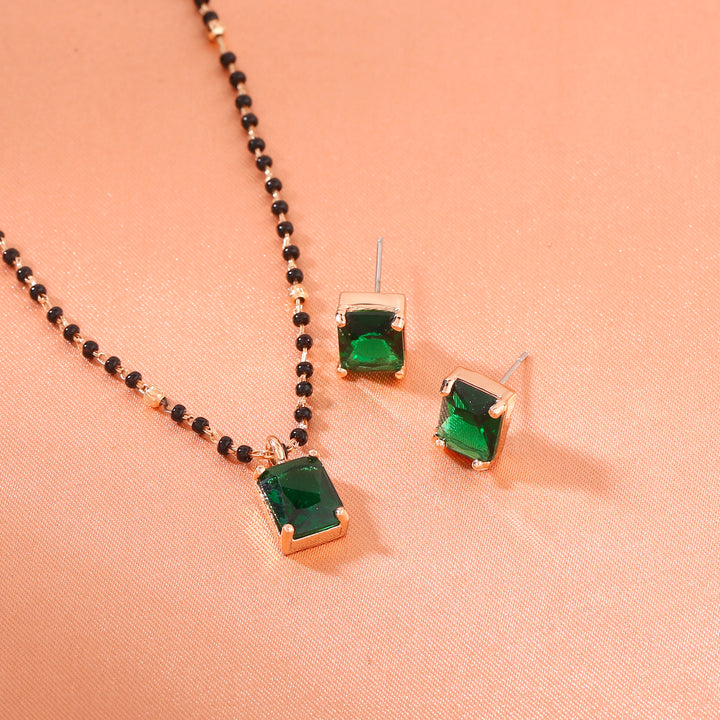 Estele Rose Gold Plated CZ Square Designer Mangalsutra Necklace Set with Emerald for Women