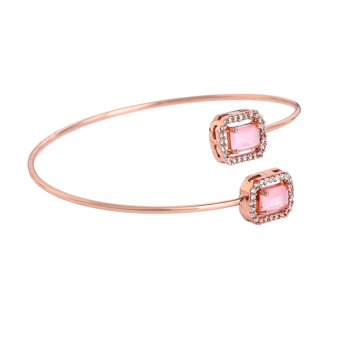 Estele Rosegold Plated Splendid Mint Pink American Diamonds Adorned Square Design Lightweight Cuff Kada Bracelet for Women