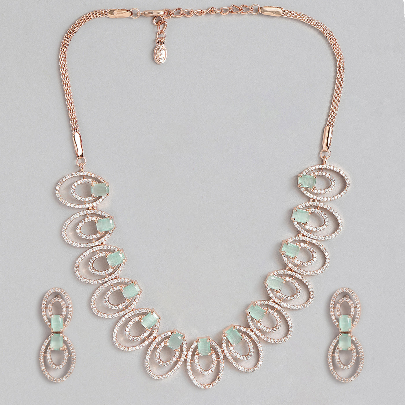 Estele Rose Gold Plated CZ Circular Designer Necklace Set with Mint Green Stones for Women