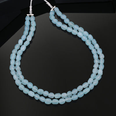 Estele Rhodium Plated Elegant Designer Double Layered Necklace with Mint Blue Beads for Girls and Women