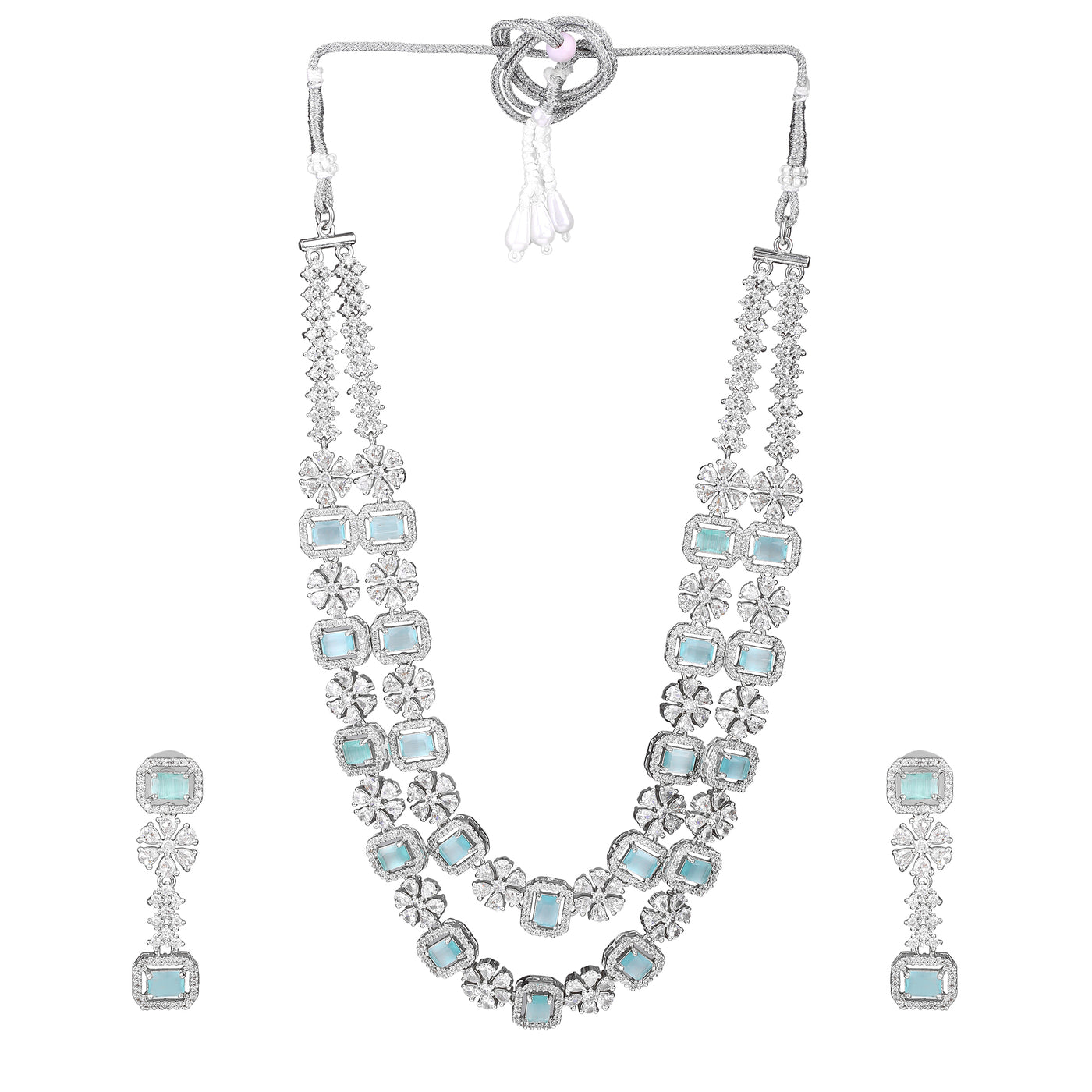 Estele Rhodium Plated CZ Astonishing Double Layered Necklace Set with Mint Green and White Crystals for Women