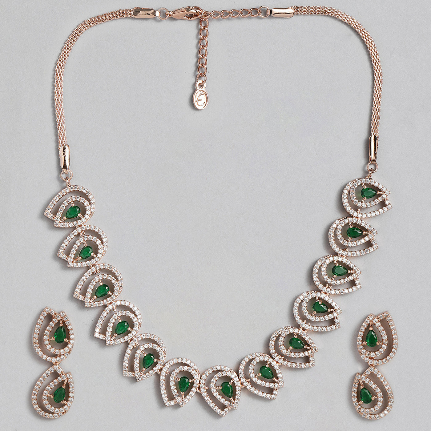 Estele Rose Gold Pated CZ Glossy Drop Designer Necklace Set with Emerald Stones for Women