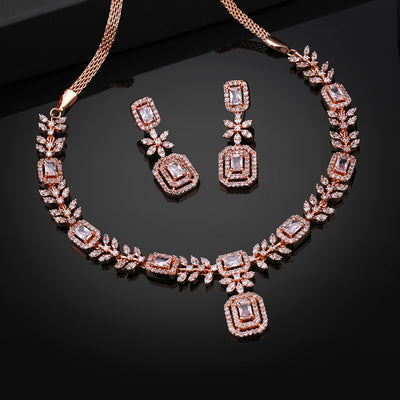 Estele Rose Gold Plated CZ Dazzling Designer Necklace Set for Women