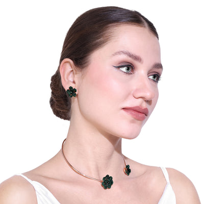 Estele Valentine Special Sparkling Lightweight Green American Diamond Rose Motif Necklace Set with Rosegold Finish A Dazzling Gift of Eternal Love