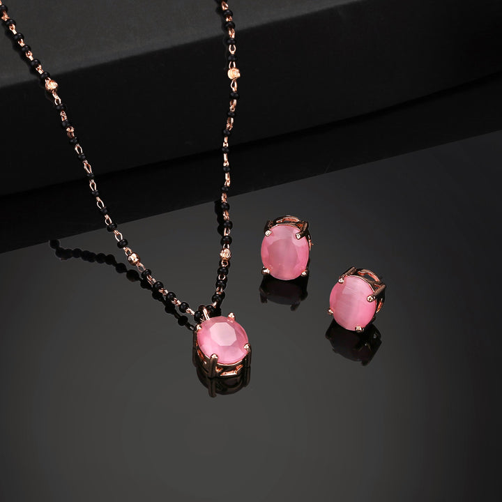 Estele Rose Gold Plated CZ Elegant Round Designer Mangalsutra Necklace Set with Miint Pink Stones for Women