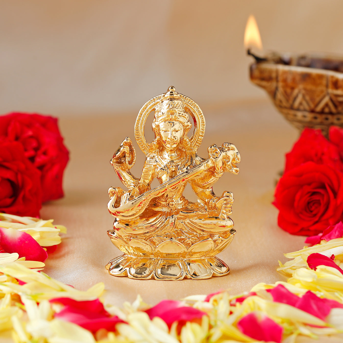 Estele Gold-plated Goddess of Knowledge Sarasvati Ma Idol for Pooja & Car decor.