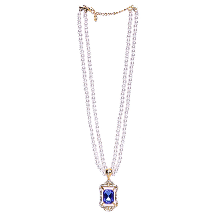 Estele Gold Plated Sparkling Pearl Necklace Set with Blue Stones for Women & Girls