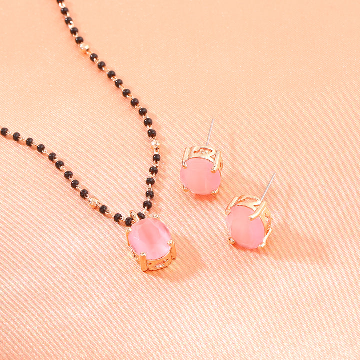 Estele Rose Gold Plated CZ Elegant Round Designer Mangalsutra Necklace Set with Miint Pink Stones for Women