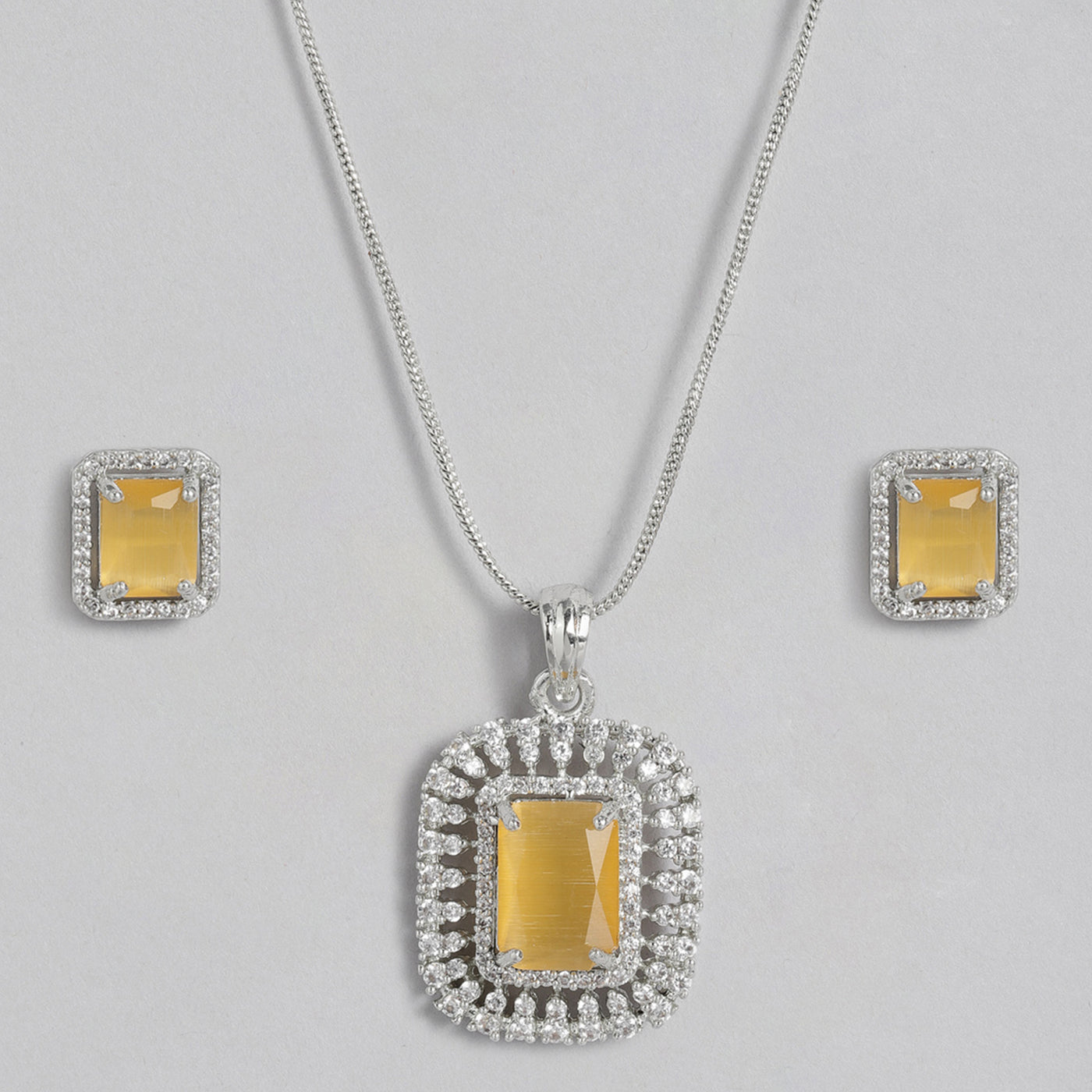 Estele Rhodium Plated CZ Sparkling Square Designer Pendant Set with Yellow Crystals for Women