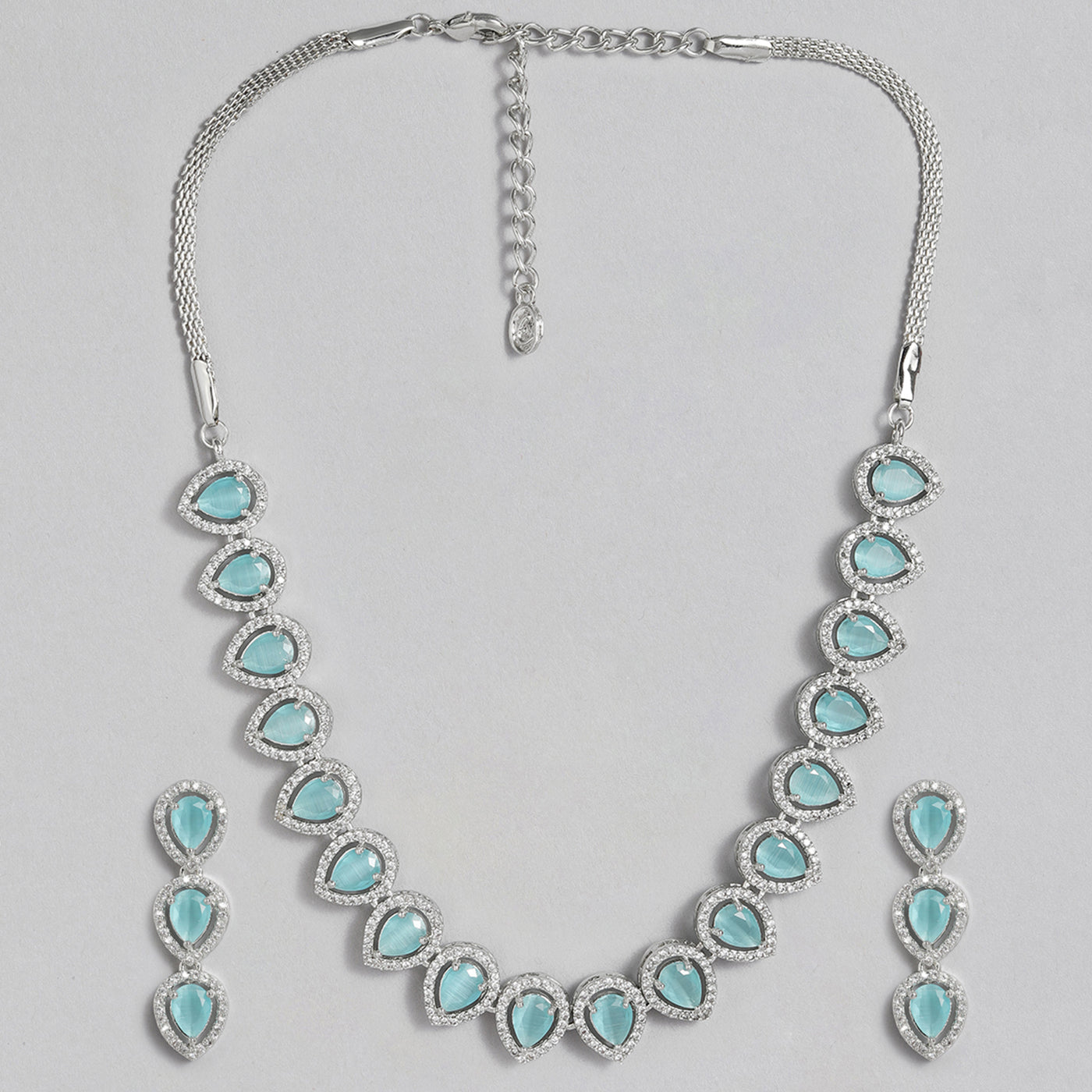 Estele Rhodium Plated CZ Precious Pears Necklace Set with Mint Blue & White Stones for Girls & Women